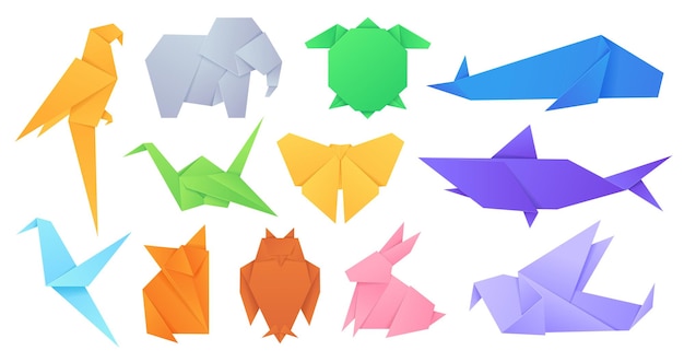 Vektor papiertiere. japanisches origami gefaltetes spielzeug vögel, fuchs, schmetterling, papagei und hase. cartoon geometrische wilde tiere geformte figuren vektor-set. abbildung origami-vogeltier, papierspielzeug gefaltet