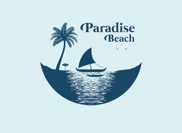 Paradiesischer Strand. Segelboot mit einer pazifischen Proa-Silhouette am Meeresstrand, die wie ein Halbmond aussieht.