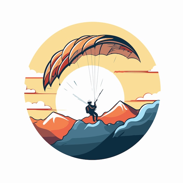 Vektor paraglider fliegt über den bergen vektor-illustration im retrostil