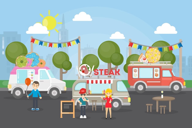 Park food festival die leute mit den foodtrucks verkaufen street food und haben spaß
