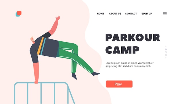 Parkour Club Landing Page Template Männliche Charakterübungen auf der Stadtstraße Teenager Sportler springen über Barriere