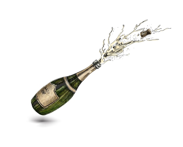 Party-Champagner-Flaschenexplosion für Feier-Plakat Hand gezeichnete Skizzen-Vektorillustration