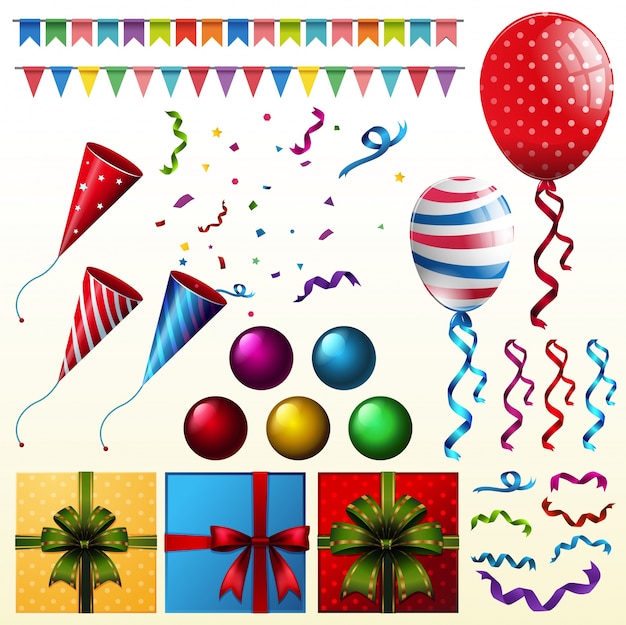 Party elemente mit ballons und geschenken