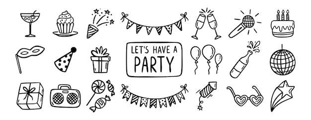 Party-Ereignis oder Geburtstag-Doodle-Ikon-Element Doodle-Handgezeichnetes Ikon-Set Umrisse Zeichnung Party Karneval Feier Konzept Linie Clipart Symbol Sammlung Skizze Geburtstagskuchen Ballon Dekoration Ereignis