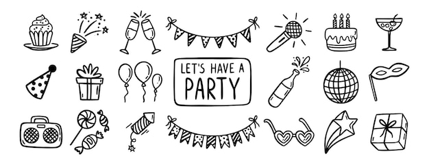 Party-Ereignis oder Geburtstag-Droodle-Ikon-Element-Droedle-Handgezeichnetes-Ikonensatz Umrisszeichnung-Zeichnung-Party-Karnival-Feier-Konzept-Linie-Clipart-Symbol-Sammlung-Skizze-Geburtstagskuchen-Ballon-Dekoration-Veranstaltung