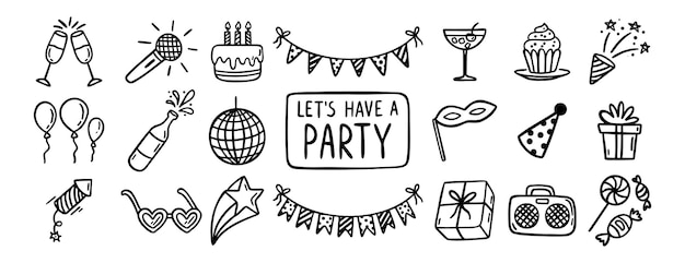 Party-Ereignis oder Geburtstag-Droodle-Ikon-Element-Droedle-Handgezeichnetes-Ikonensatz Umrisszeichnung-Zeichnung-Party-Karnival-Feier-Konzept-Linie-Clipart-Symbol-Sammlung-Skizze-Geburtstagskuchen-Ballon-Dekoration-Veranstaltung