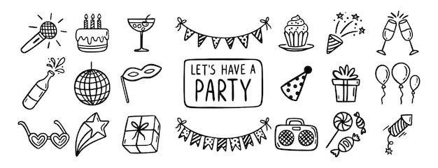 Party-Ereignis oder Geburtstag-Droodle-Symbol-Element Droodle handgezeichnetes Symbol-Set Umrisse Zeichnungsparty