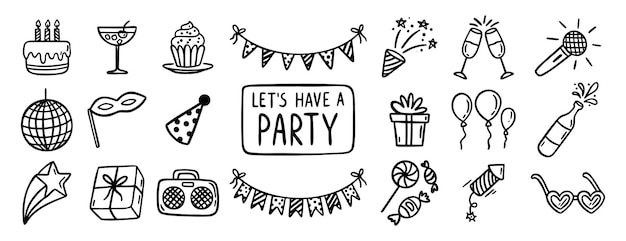 Party-Ereignis oder Geburtstag-Droodle-Symbol-Element Droodle handgezeichnetes Symbol-Set Umrisse Zeichnungsparty
