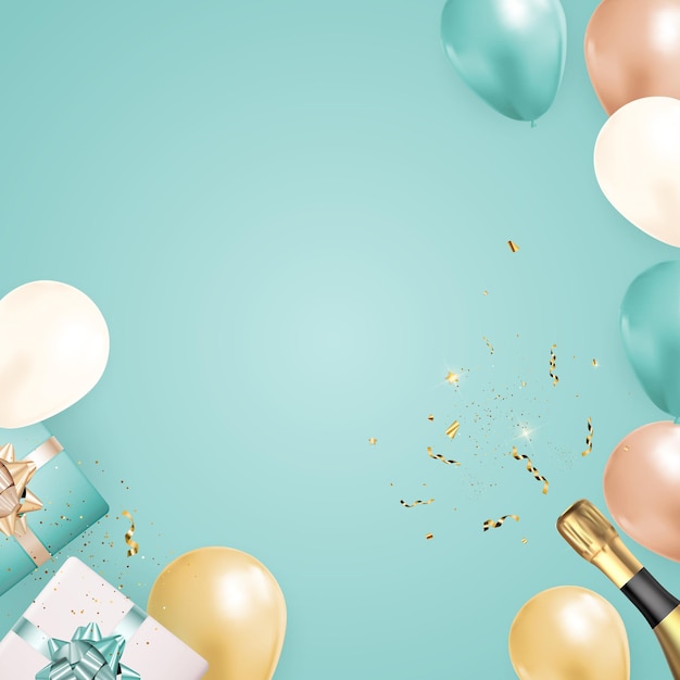 Vektor party glossy holiday background mit luftballons, champagnerflasche und konfetti.