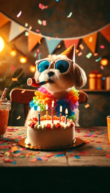 Vektor party hund feiert geburtstag mit kuchen und konfetti spaß