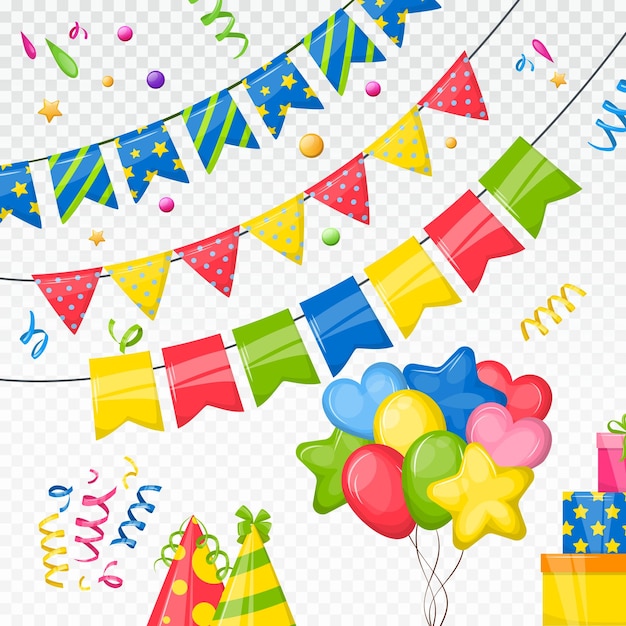 Party-wimpelketten zur dekoration von einladungen, grußkarten, bunten fahnen, fahnen, konfetti