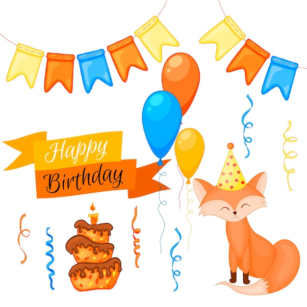 Partyset mit fuchs und bunten gegenständen auf weißem hintergrund inschrift happy birthday mehrfarbiger vektor