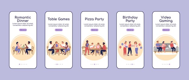Partytypen beim onboarding der flachen vektorvorlage für den bildschirm der mobilen app. brettspiele.