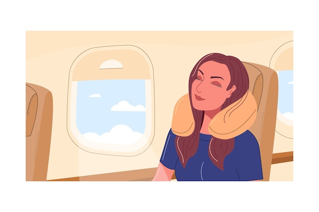 Passagier, der im Flugzeug reist, schläft Junge Frau sitzt am Bullauge und ruht im Flug