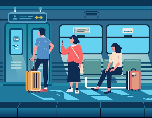 Passagiere, die auf den Zug warteten, kamen im Wartezimmer an, die Leute fuhren mit der U-Bahn