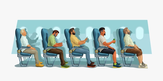 Passagiere sitzen auf ihren sitzen in der seitenansicht des flugzeugs