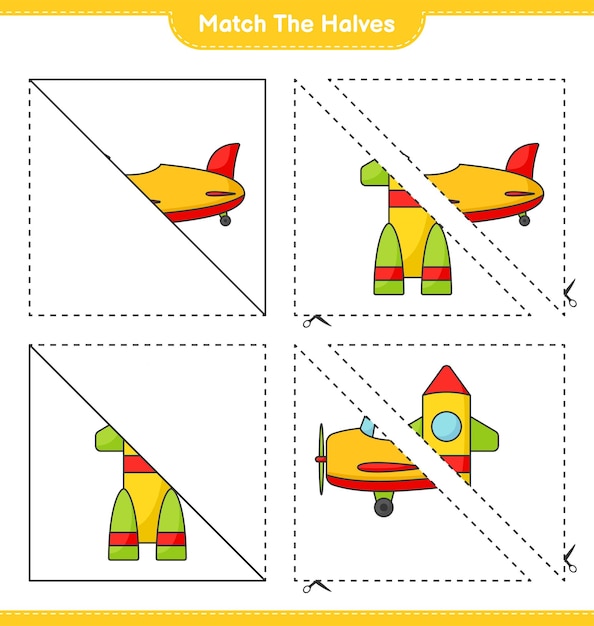 Passen Sie die Hälften an Match-Hälften von Plane and Rocket Educational Kinderspiel druckbares Arbeitsblatt