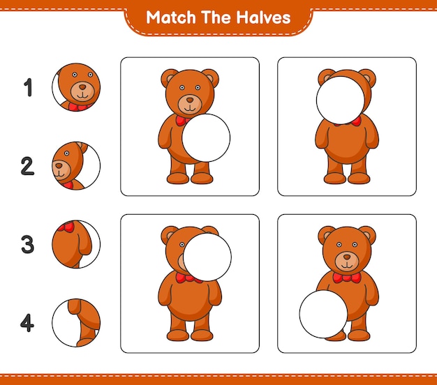 Passen sie die hälften an match hälften von teddy bear educational kinderspiel druckbares arbeitsblatt