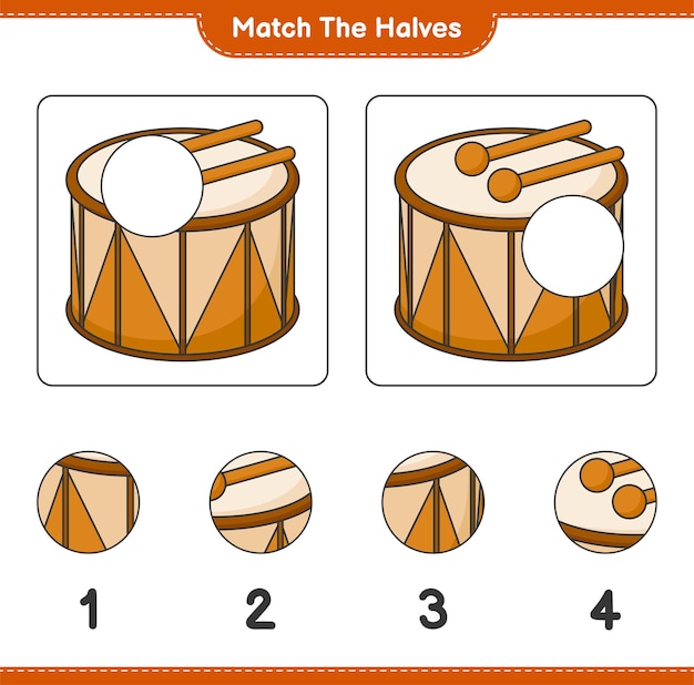 Passen sie die hälften an passen sie die hälften des druckbaren arbeitsblatts für das trommelpädagogische kinderspiel an