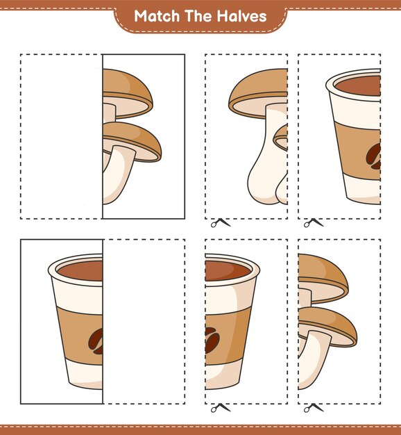 Passen sie die hälften an passen sie die hälften von shiitake und kaffeetasse an pädagogisches kinderspiel druckbares arbeitsblatt vektorillustration