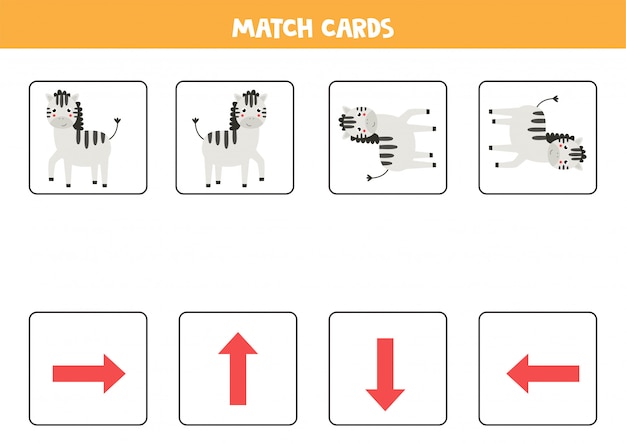 Passen Sie Orientierungskarten und Zebras an. Kartenspiel für Kinder.