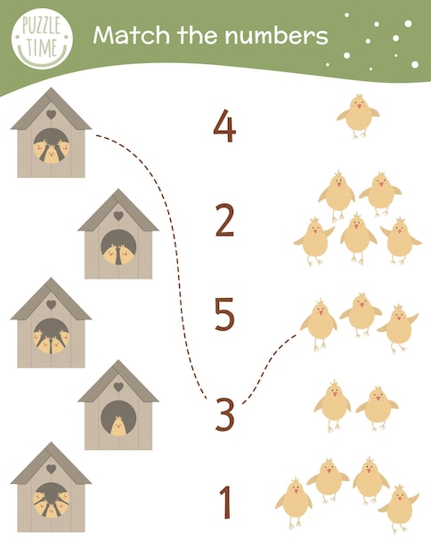 Passendes spiel mit starhäusern und süßen küken. ostern mathe aktivität für kinder im vorschulalter.