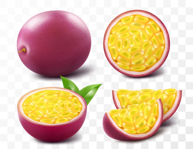 Passionsfrucht ganze Frucht halb und geschnitten isoliert auf durchsichtigem Hintergrund Satz reifer Passion