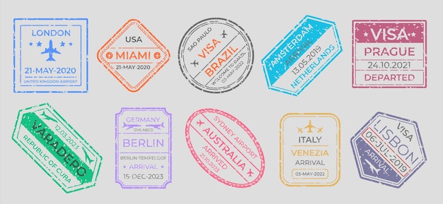 Passstempel. Internationale Reisevisa-Kennzeichnung, Vintage-Etiketten für Geschäftsreisen und Einwanderung