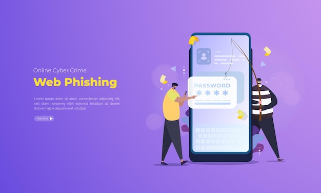 Passwort-diebstahl-web-phishing-illustration auf mobilem konzept