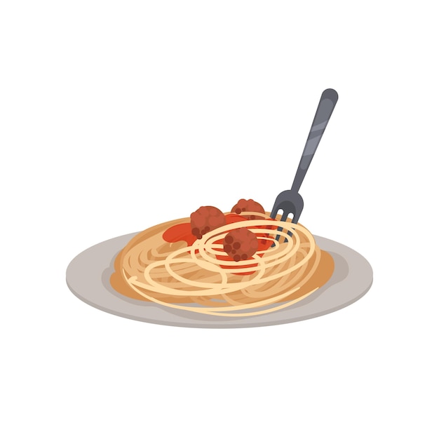 Pasta mit Fleischbällchen auf einer Tellervektorillustration
