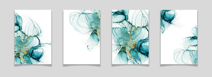 Pastell-cyanfarbener, flüssiger Marmoraquarellhintergrund mit goldenen Linien und Pinselflecken. Teal Türkis marmorierter Alkoholtinte-Zeichnungseffekt. Vektorillustrationshintergrund, Aquarellhochzeitseinladung