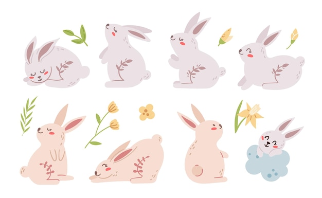 Pastell ostern kaninchen oder hase kinder clipart set,. osterbabys und frühlingsblumen lokalisiert auf weiß