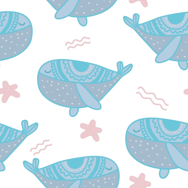 Pastellfarben whale vektor nahtloses muster niedliche meerestiere hintergrund skandinavisches dekoratives kindliches design für kinderstoff