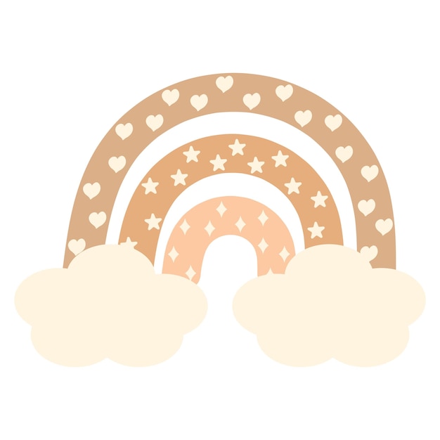 Pastellfarbener Boho-Regenbogen mit Wolken, Sternen, Herzen und Rauten Vektorillustration