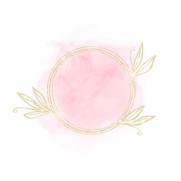 Pastellrosenaquarellfleck mit goldenem rahmen des kreises mit floralen elementen isoliert