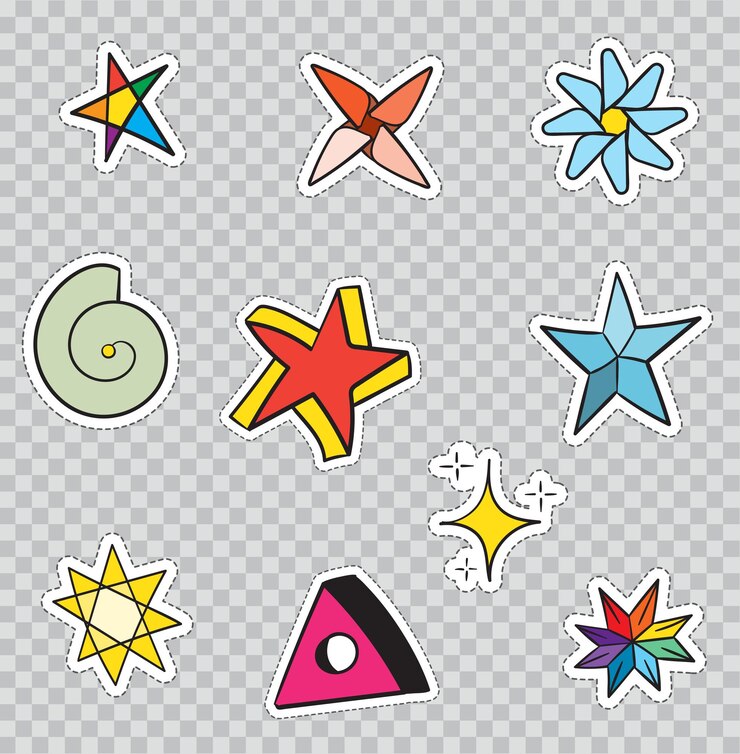 Vektor patch-abzeichen mit sternen. vektorillustration lokalisiert auf transparentem hintergrund. set packung mit aufklebern, pins, patches im comic-stil der 80er - 90er jahre.