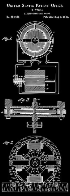 Vektor patent für den elektromagnetischen motor von tesla aus dem jahr 1888