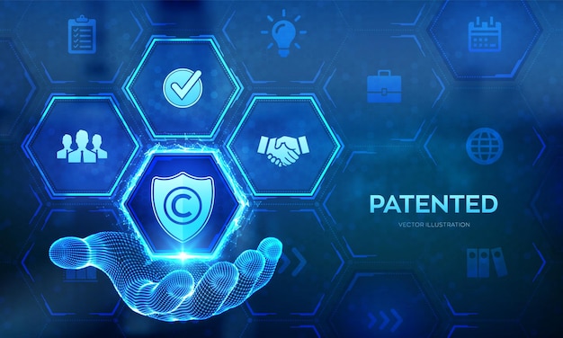 Patentiertes Patent-Urheberrecht Urheberrechtssymbol in Wireframe-Hand Autorenrechte patentiertes Geschäftstechnologiekonzept für geistiges Eigentum auf virtuellem Bildschirm Vektorillustration