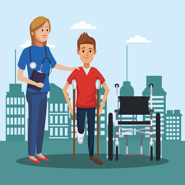 Patient auf Rollstuhl außerhalb der Krankenhauskarikaturen