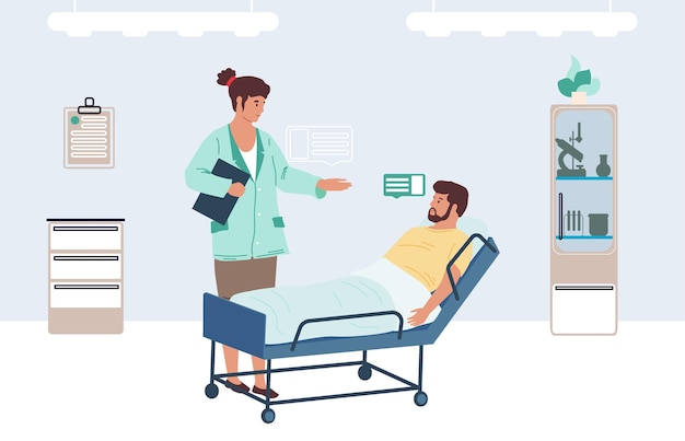 Patientenuntersuchung Arztbesuch Arzt überprüft die Gesundheit des kranken männlichen Charakters Krankenhausbehandlung Mann liegt auf dem Bett medizinische Versorgung Klinikberatung Vektor-Illustration