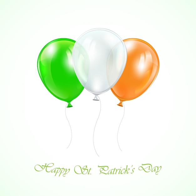 Patricks day hintergrund mit drei ballons in den farben der irischen flagge auf weißem hintergrund, illustration.