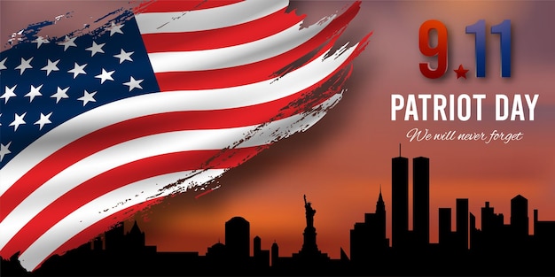 Patriot day hintergrund new york city skyline und amerikanische grunge-flagge vector