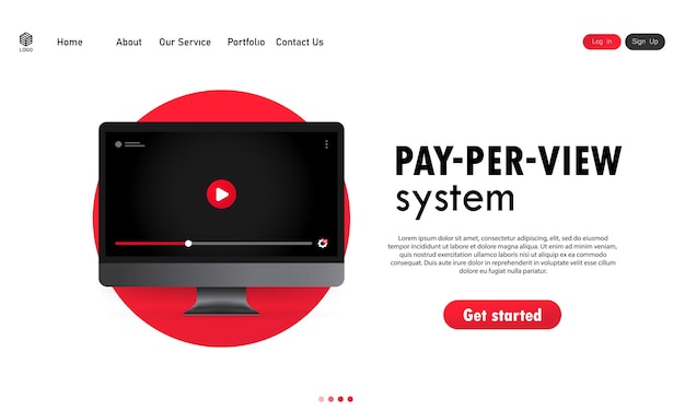 Pay-per-view-system. computer mit videoplayer auf dem display. vektor auf weißem hintergrund isoliert. eps 10.