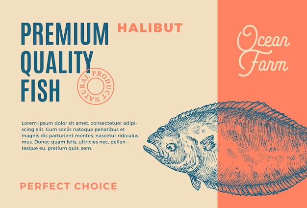 Pazifischer Heilbutt in Premium-Qualität. Abstraktes Vektor-Lebensmittelverpackungsdesign oder Etikett. Moderne Typografie und handgezeichnete Fisch-Skizze-Silhouette-Hintergrund-Layout.