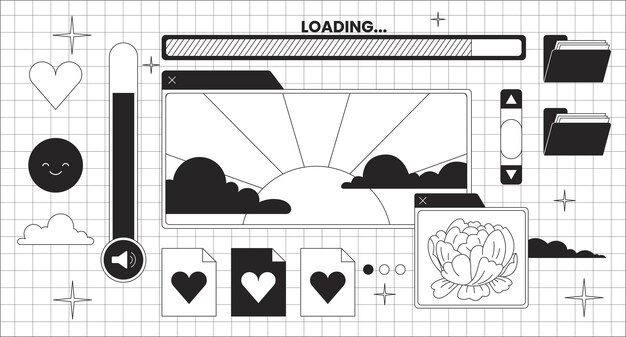 PC-Retro-Y2K-Desktop-Schwarz-Weiß-Lofi-Hintergrundbild Nostalgische Computerschnittstelle 2D-Umrissszene Cartoon flache Illustration Dateien hochladen Sonnenschein-Pfingstrosen-Vektorlinie Lo-Fi-ästhetischer Hintergrund