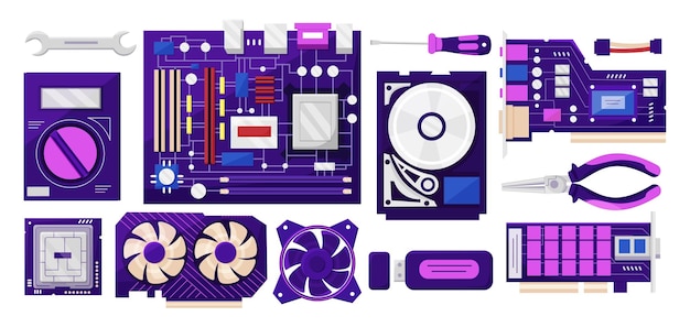 PC-Teile Computer-Reparatur Fix Hard-RAM Hardware bg Flat Lay SATA-Karte Werkstattservice Prozessor oder Motherboard Draufsicht Techniker Arbeitswerkzeug Laptop-Komponente Vektor-Sammlung
