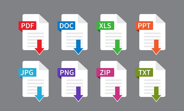 Pdf-datei herunterladen dokumente dateiformatsymbol dateityp auf grauem hintergrund isoliert pdf doc xls