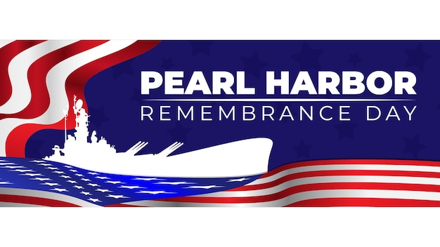 Vektor pearl harbor-gedenktag-vektorillustration mit schlachtschiff-silhouette und wehender flagge der usa.
