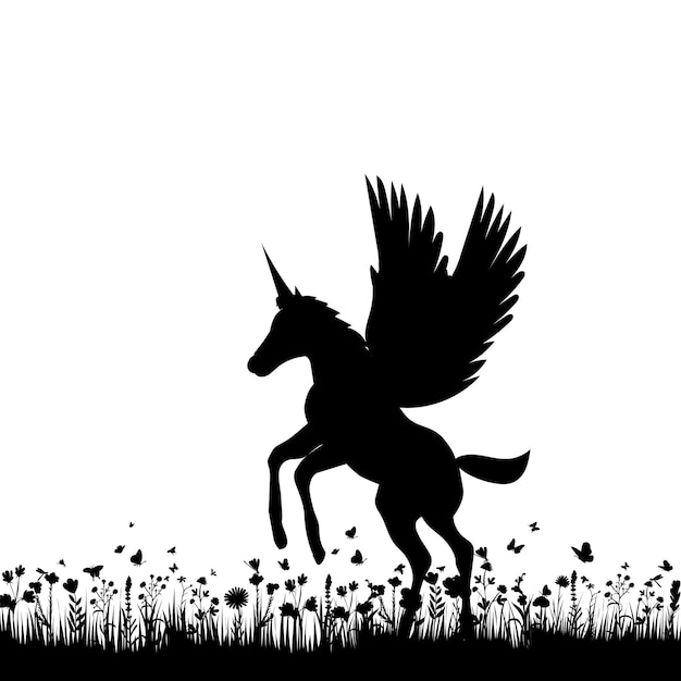 Pegasus auf Grassilhouette auf weißem Hintergrund isoliert