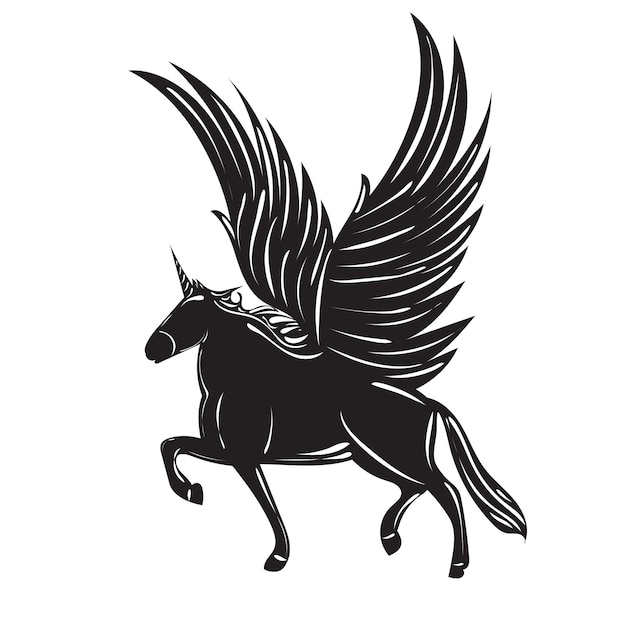 Pegasus-einhorn-silhouette auf weißem hintergrund isolierter vektor